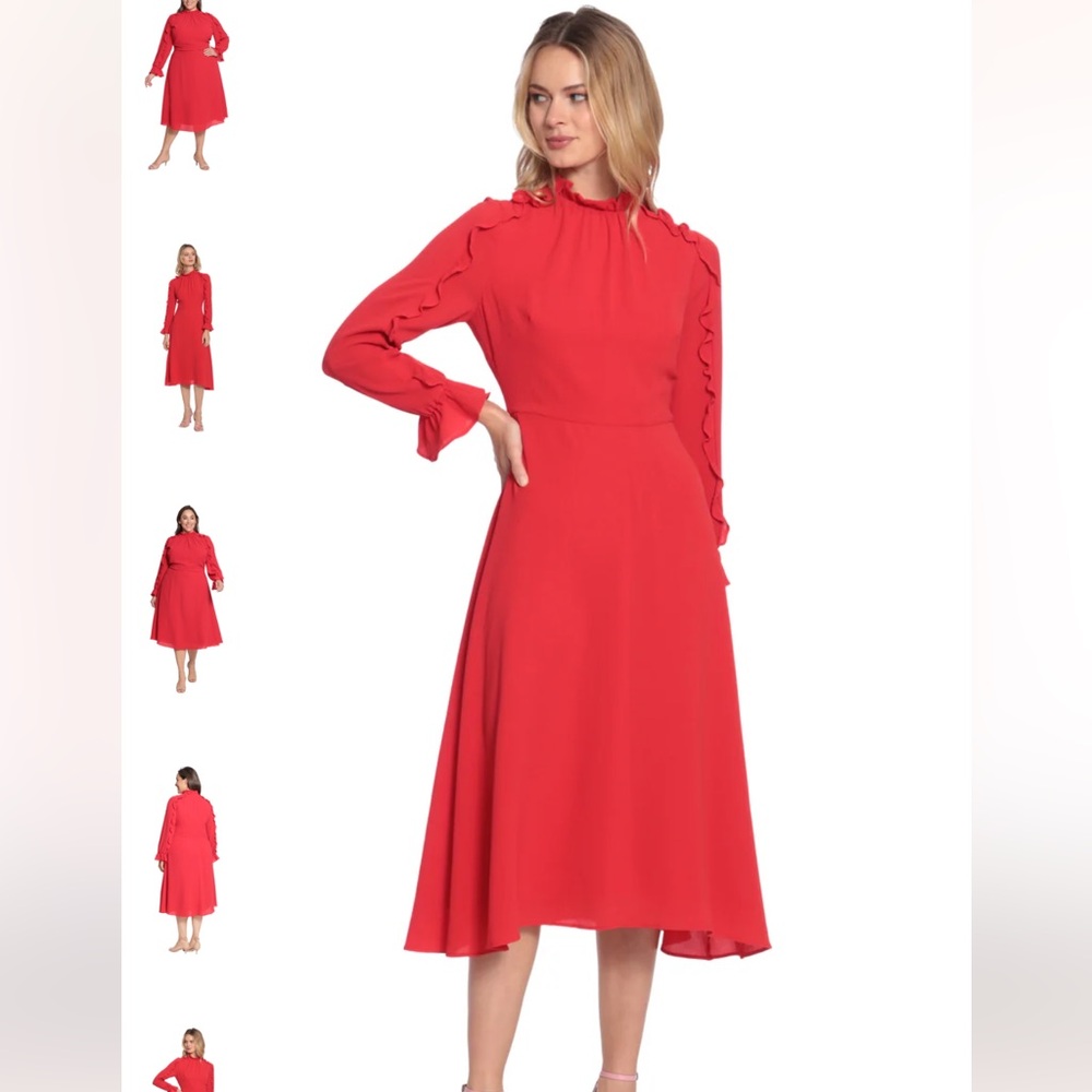 Donna Morgan Red Long Sleeve Ruffle Midi Dress